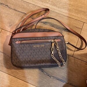 Michael Kors Brown Logo Crossbody with Tan Trim